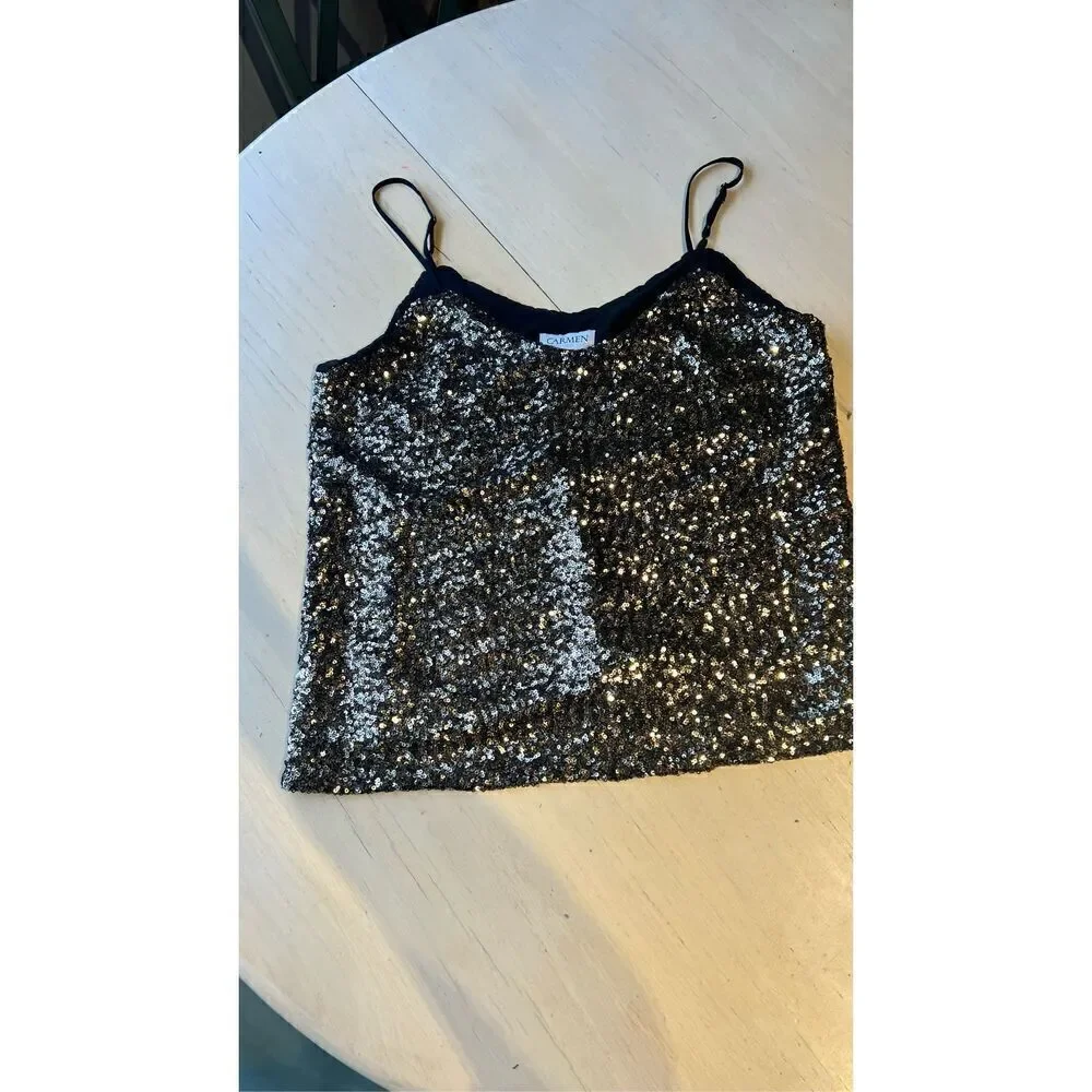 Carmen Marc Valvo Black Gold Sequin Spaghetti Strap Camisole Blouse SZ S (4/6) - Picture 2 of 9